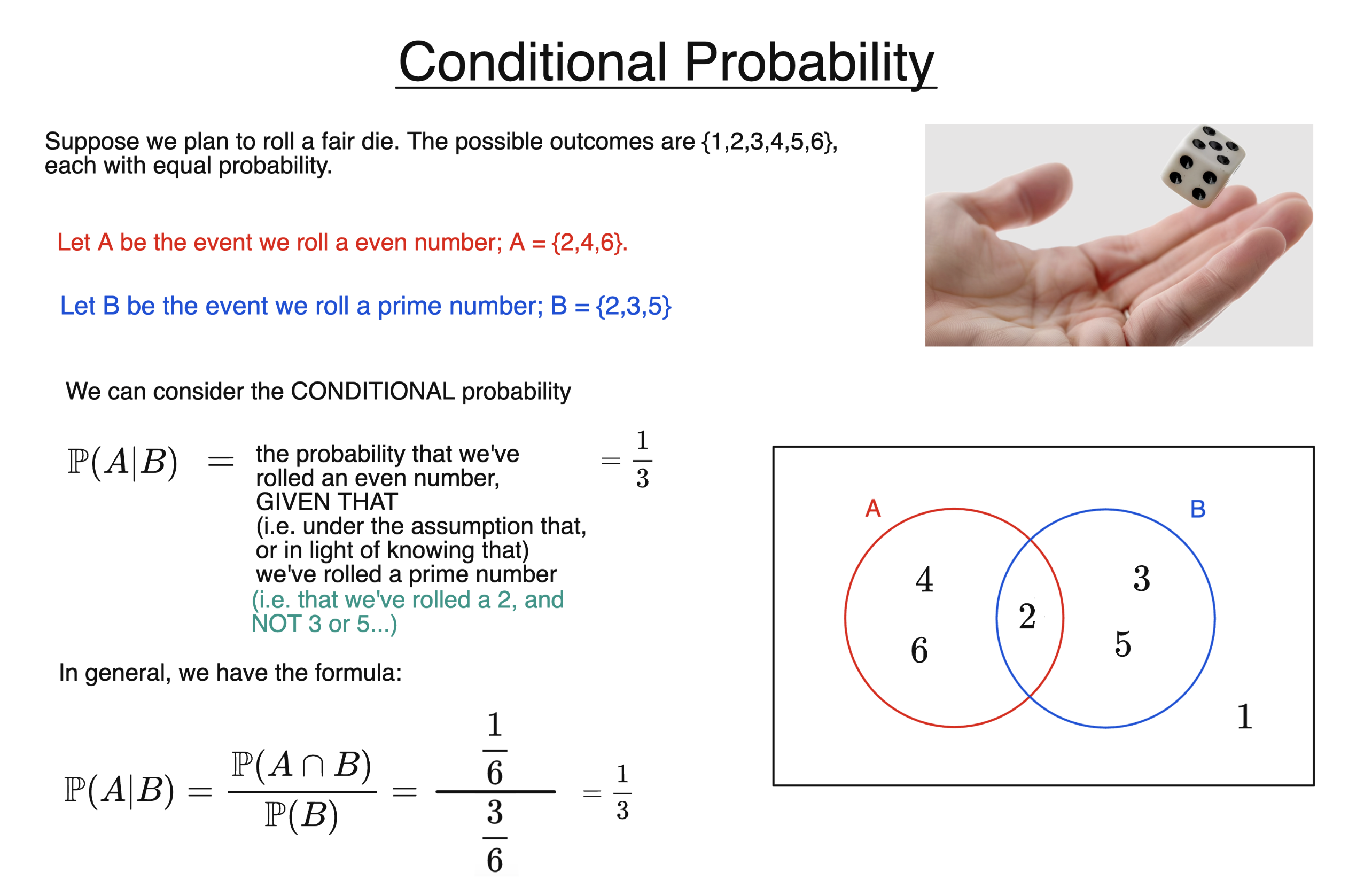 Conditional probability with simple die roll example, showing even and prime numbers