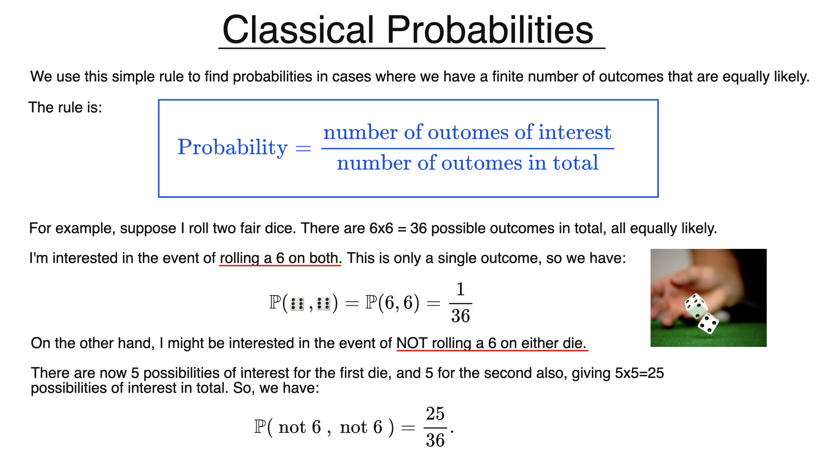 Classical probability example with two fair dice, showing 36 equally likely outcomes