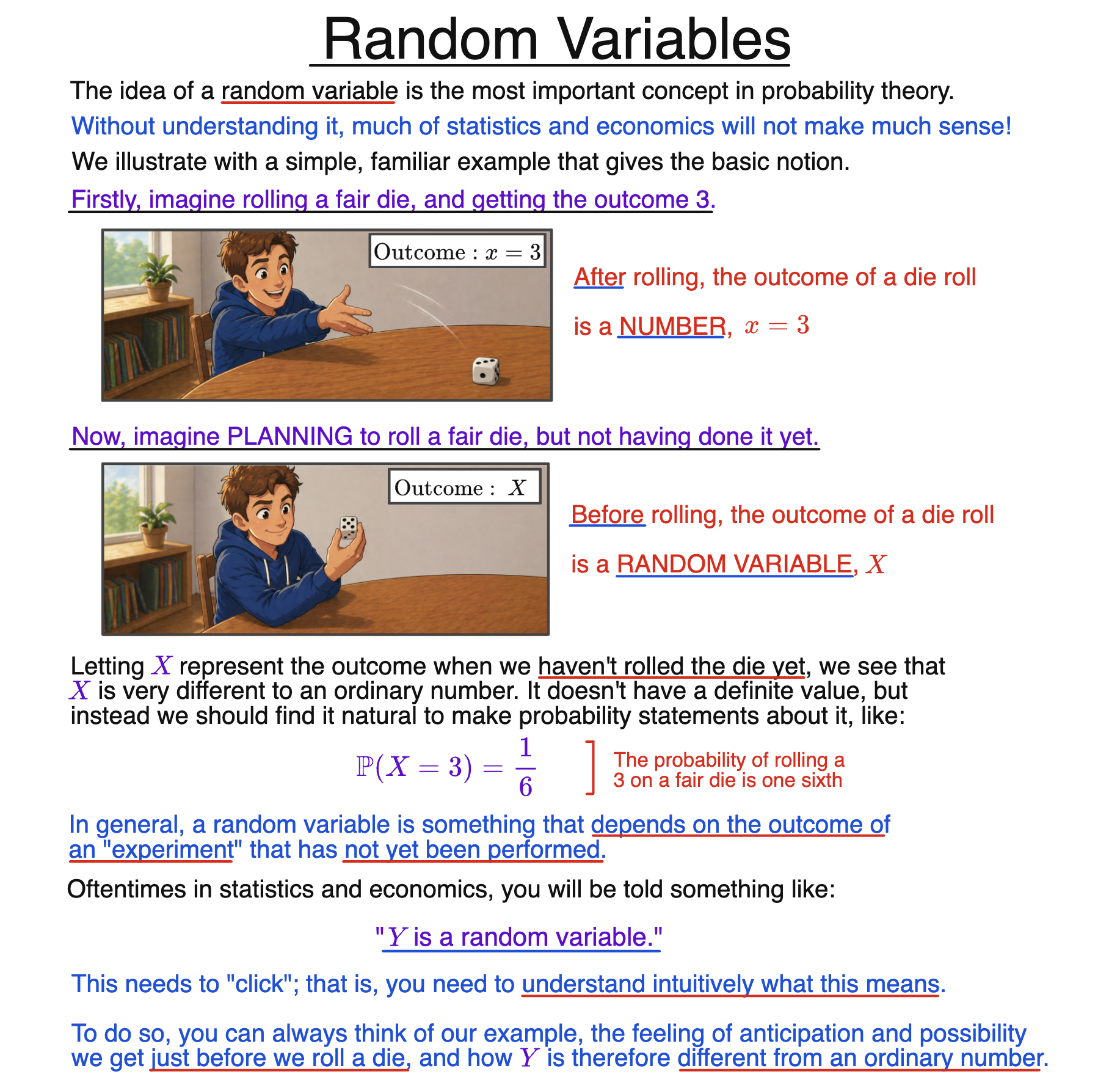 Random variable definition with intuitive die roll example showing probabilities of outcomes