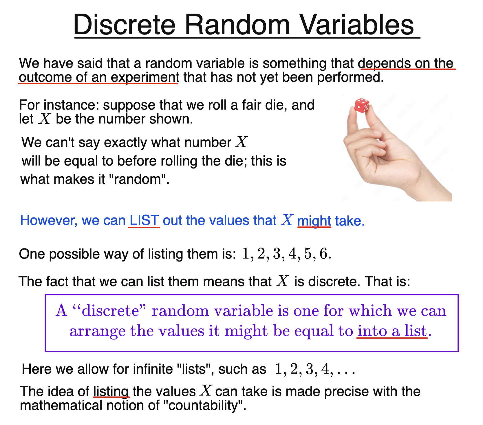 Discrete random variable example using a fair die, showing a countable set of possible outcomes