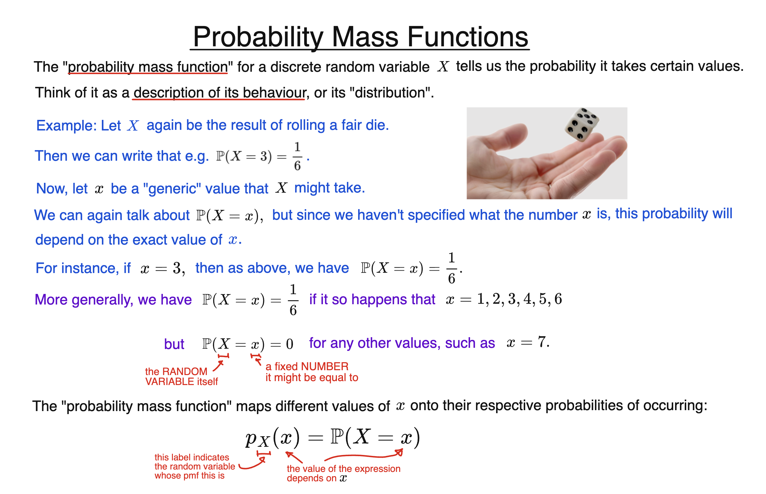 Probability mass function explained using fair die example, mapping each outcome to its probability P(X = x)