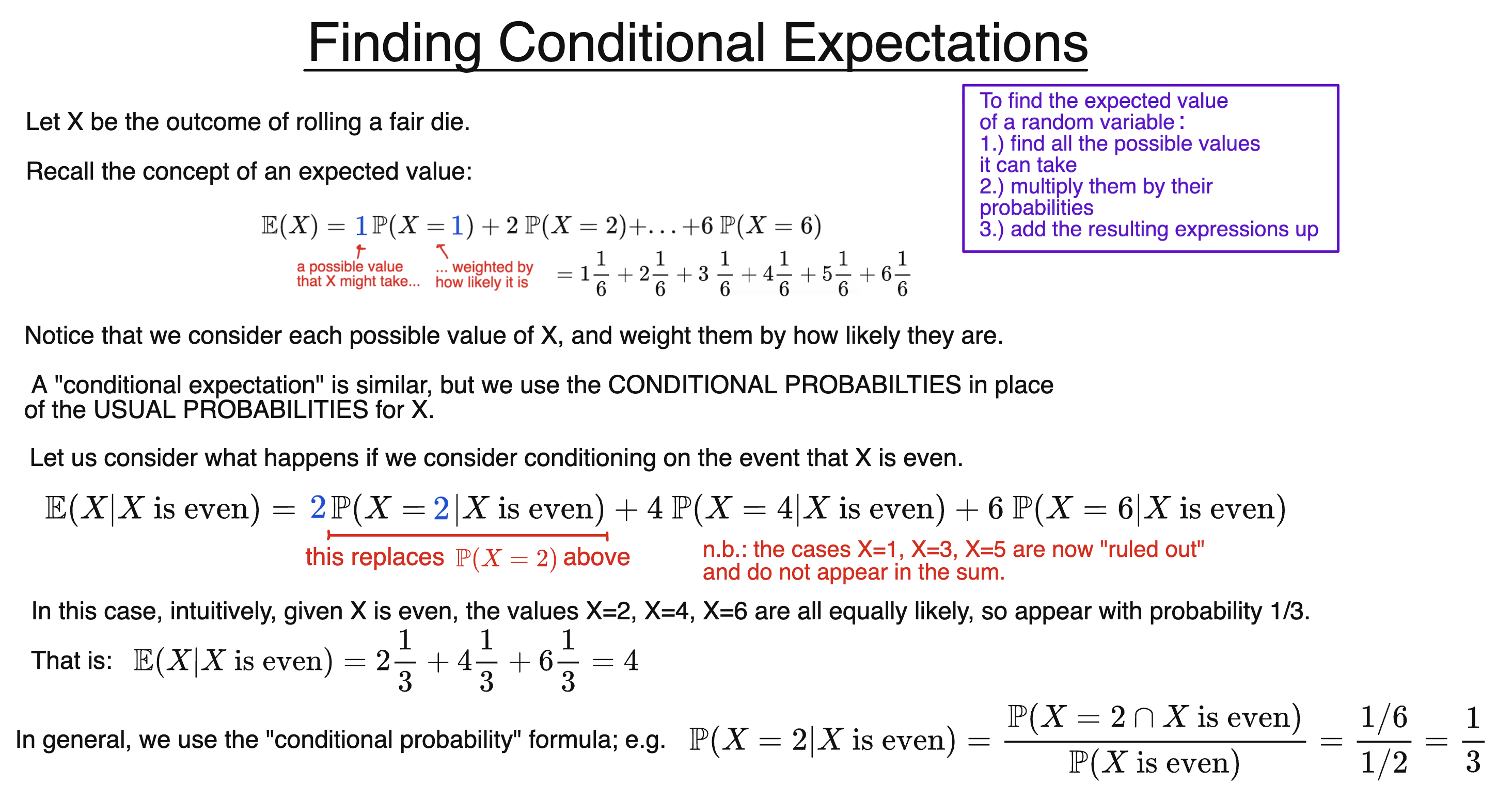 Slide explaining conditional expectations with a die roll that could be high or low